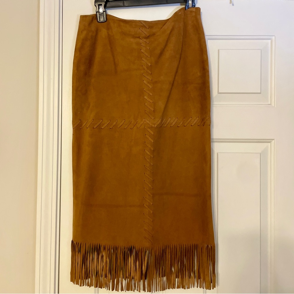 VTG Tan Suede Midi Skirt with Fringe & Tribal Whipstitch Detail Sz 8 Irka by SSG